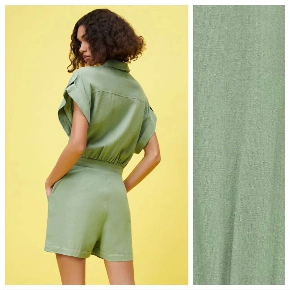 NWT. Zara Green Linen/Viscose Blend Topstitched Short Jumpsuit. Size S.